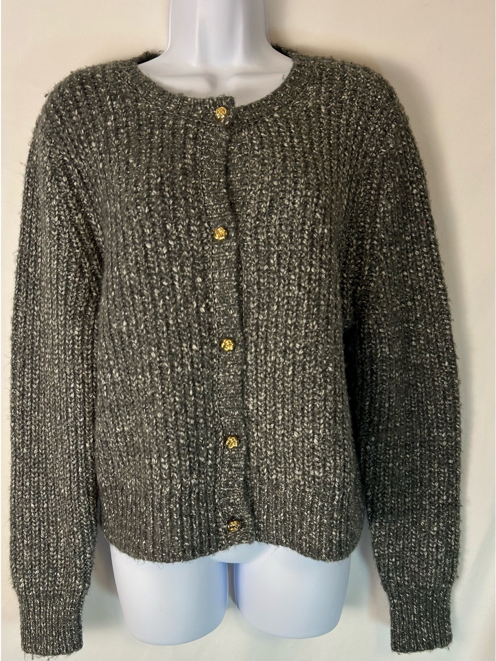 Rachel Zoe Gray Marled Knit Cardigan Gold Button Front Size M